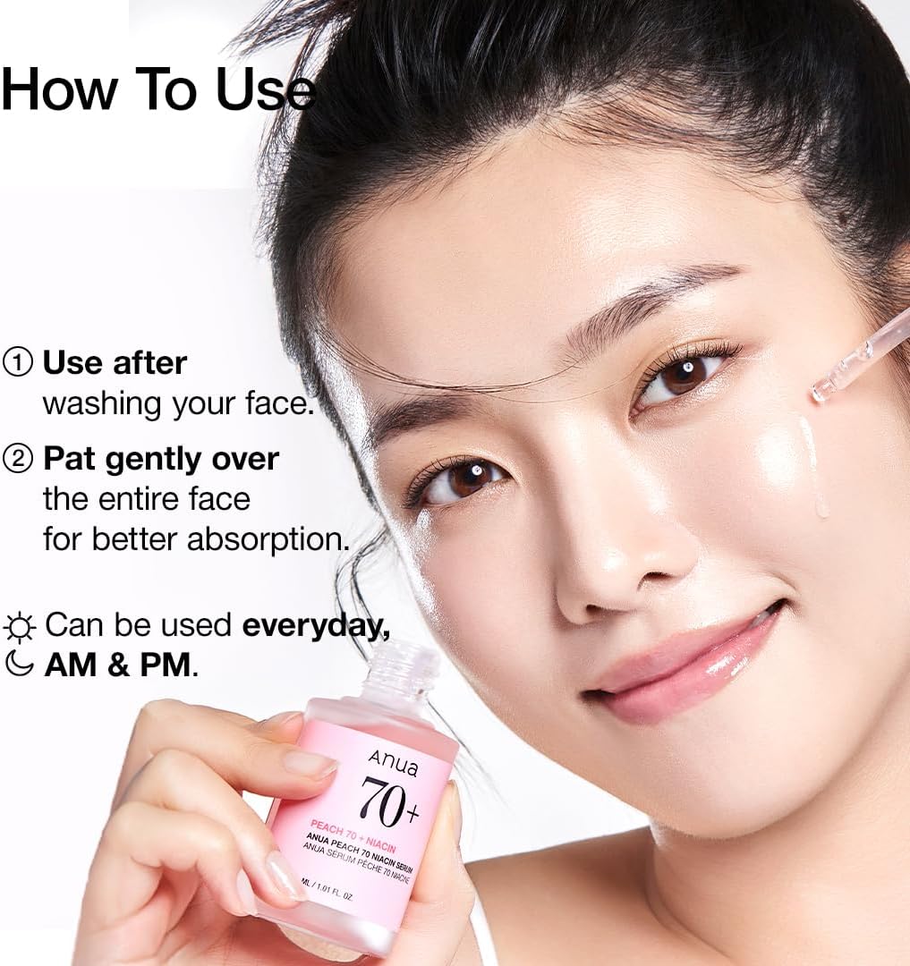 سيروم ANUA Peach 70% Niacinamide لتفتيح وترطيب الوجه وعلاج فرط التصبغ وتقليل الميلانين وتنظيف البشرة يوميًا، 30 مل