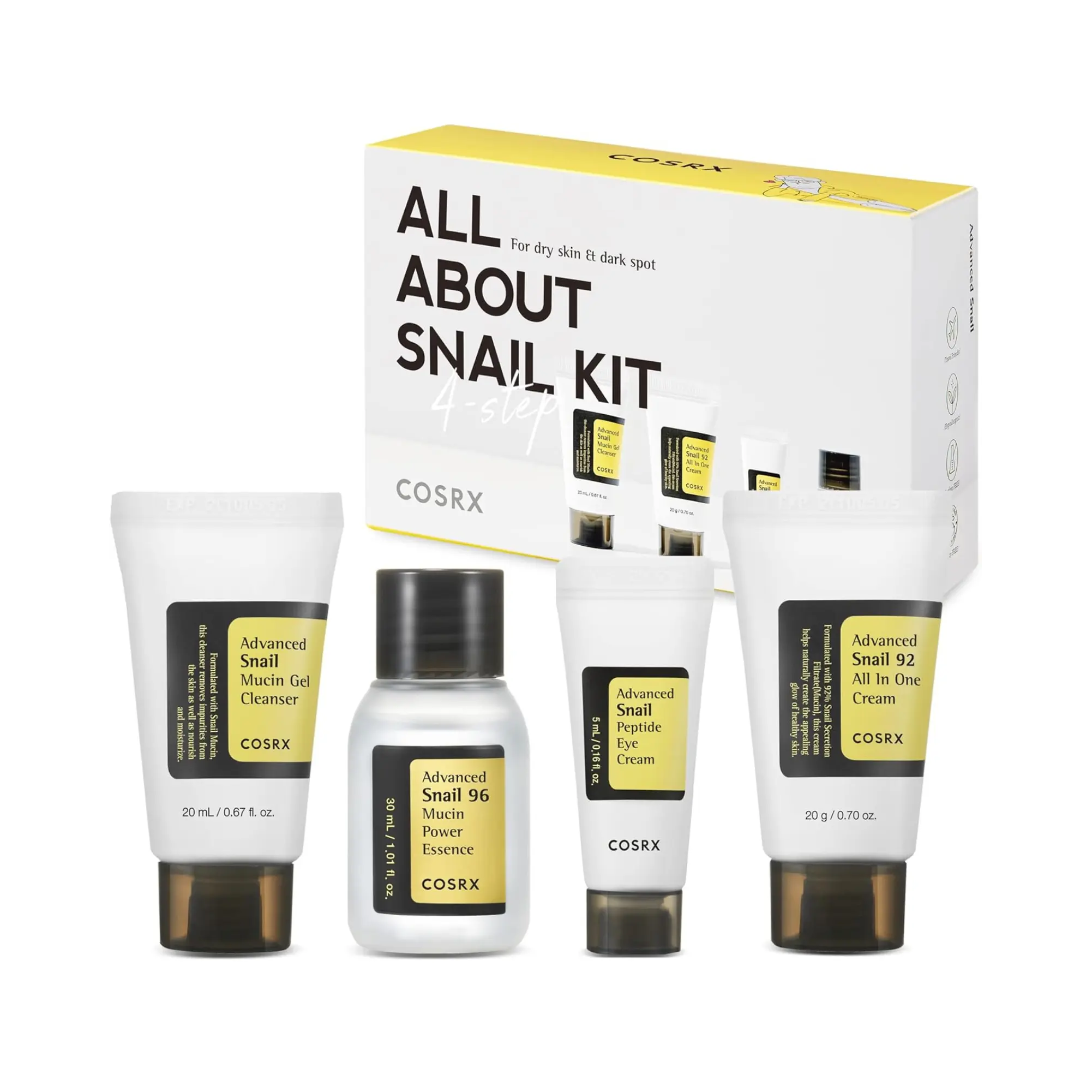 مجموعة COSRX ALL ABOUT SNAIL للبشرة الجافة والبقع الداكنة (منظف 20 مل + كريم 20 جرام + كريم العين 5 مل + مصل 30 مل)