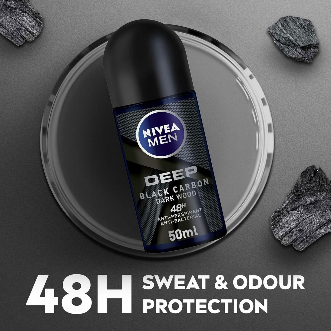 Nivea Deep Black Carbon Roll-On Deodorant With Dark Wood Scent For